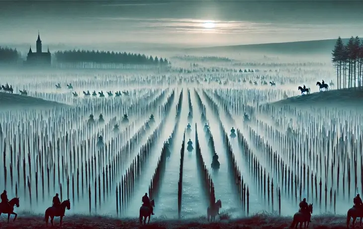 Sisler içinde uzayıp giden binlerce kazığın yükseldiği vadide atlı Osmanlı birliklerinin ilerlediği, ufukta güneşin doğduğu dramatik bir savaş öncesi sahne.